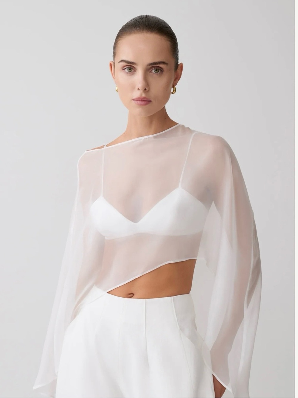 Sheer White Asymmetric Crop Top - Women